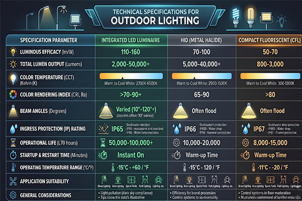 A chart showing technical specifications for outdoor lighting